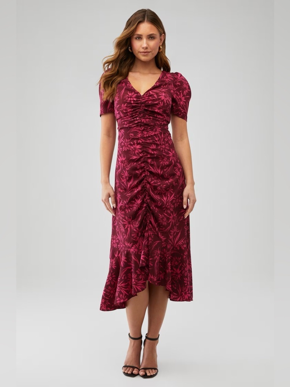 Likely Martinez Floral Wrap Midi V-Neck Short Sleeve Ruffle Dress 25261
